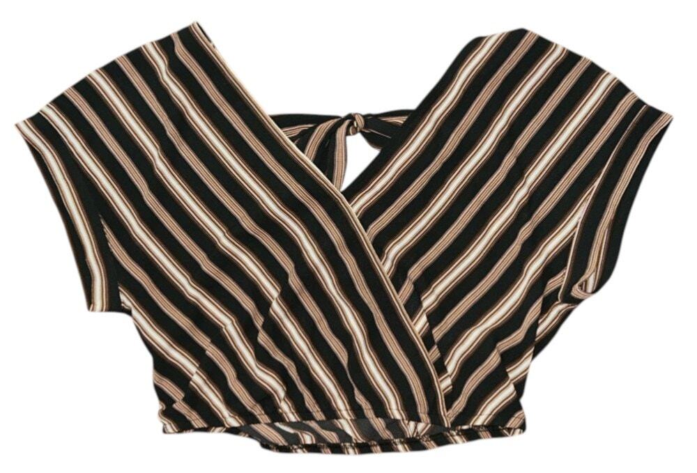 NWT Xhilaration Cropped Faux Wrap Black & Tan Striped Top Medium